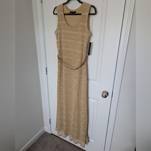 NWT Sharagano Women's Size 12 Gold Crochet Maxi Dress with Belt